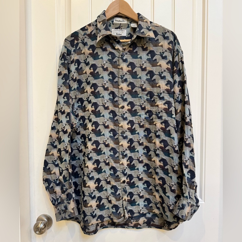Jhane Barnes for Neiman Marcus Japanese Woven Cotton Galloping Horses Shirt. L